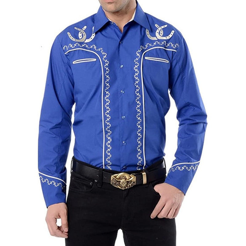 New Men's Fashion Embroidered Shirt Western American Style Pattern Embroidered Loose Sleeve Shirt