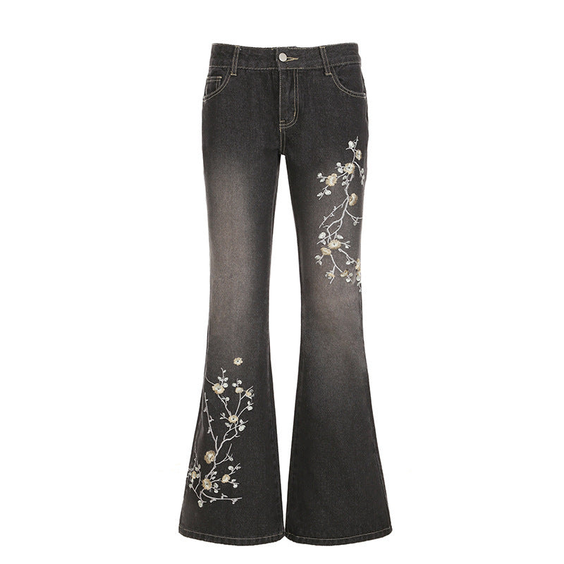 Street Western Cowboy Style Floral Embroidery Low Waist Flared Pants Women's Washed Vintage Casual Long Trousers