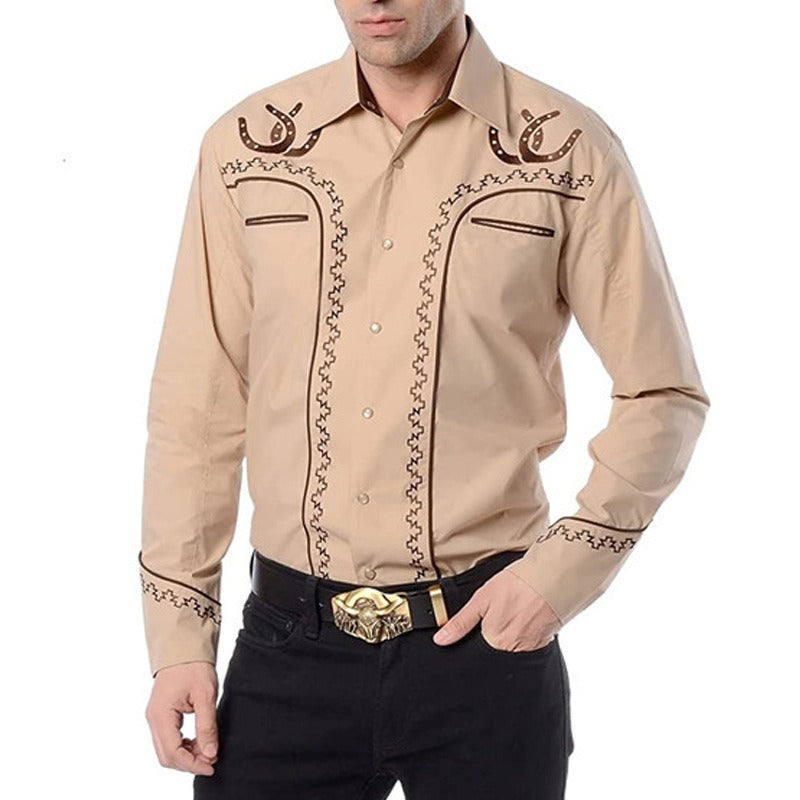 New Men's Fashion Embroidered Shirt Western American Style Pattern Embroidered Loose Sleeve Shirt