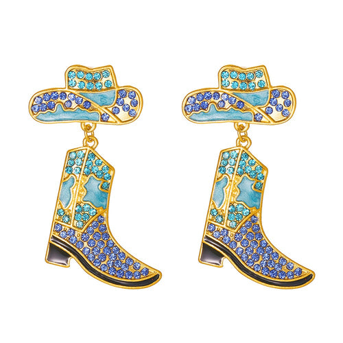 Alloy oil drop inlaid diamond Western cowboy hat boots earrings