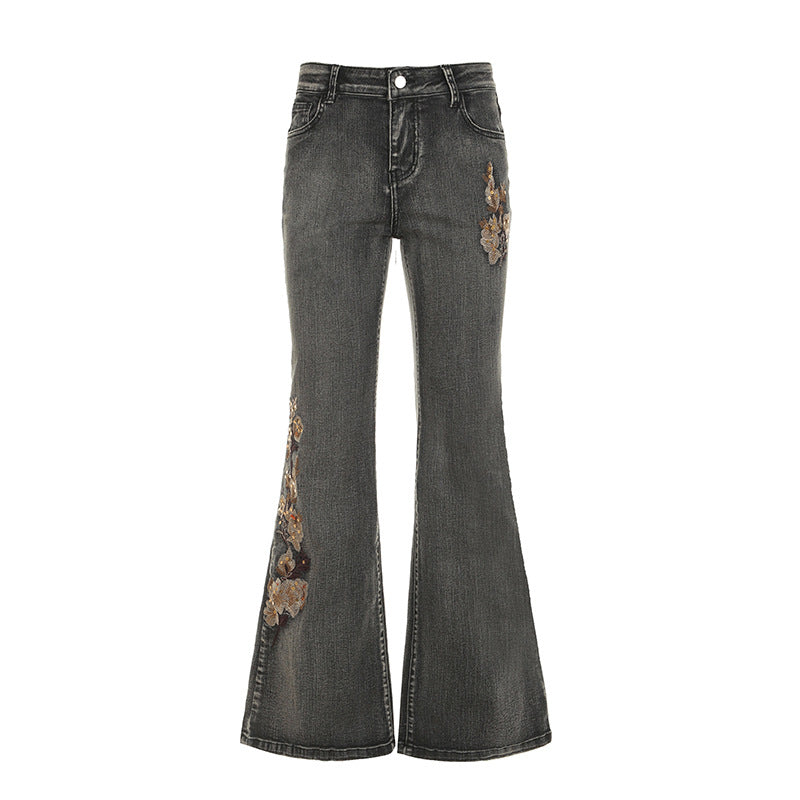 Street Western Cowboy Style Floral Embroidery Low Waist Flared Pants Women's Washed Vintage Casual Long Trousers