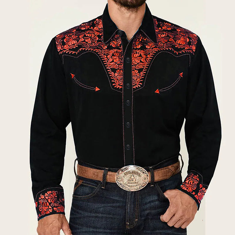 New Men's Fashionable Printed Shirt Western American Style Printed Loose Sleeved Shirt