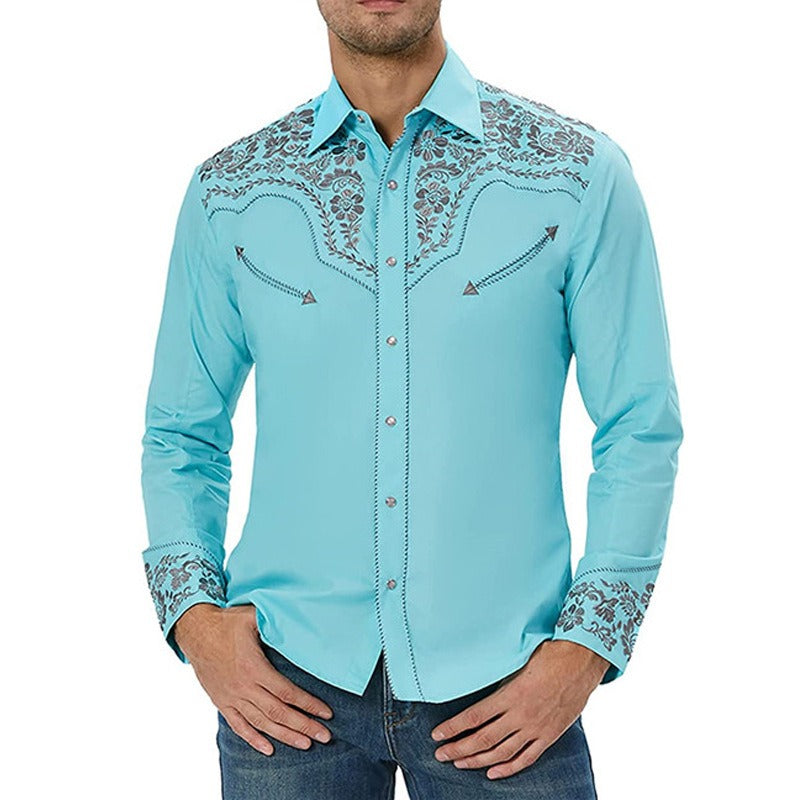 New Men's Fashion Embroidered Shirt Western American Style Pattern Embroidered Loose Sleeve Shirt