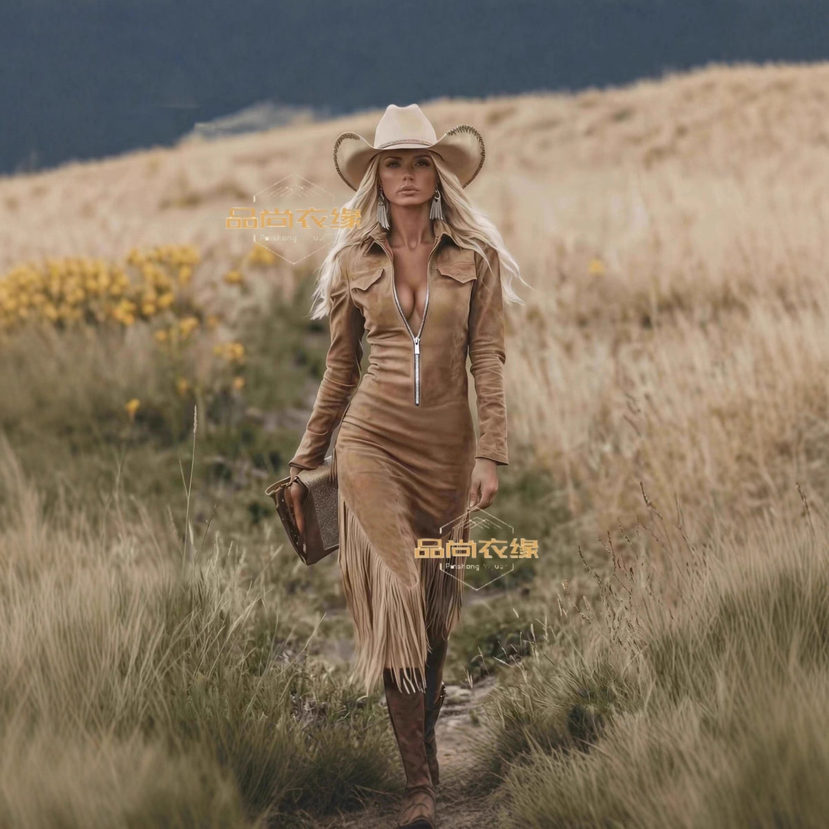 Vintage Western Cowgirl Fitted Fringed Hem Dress for Women