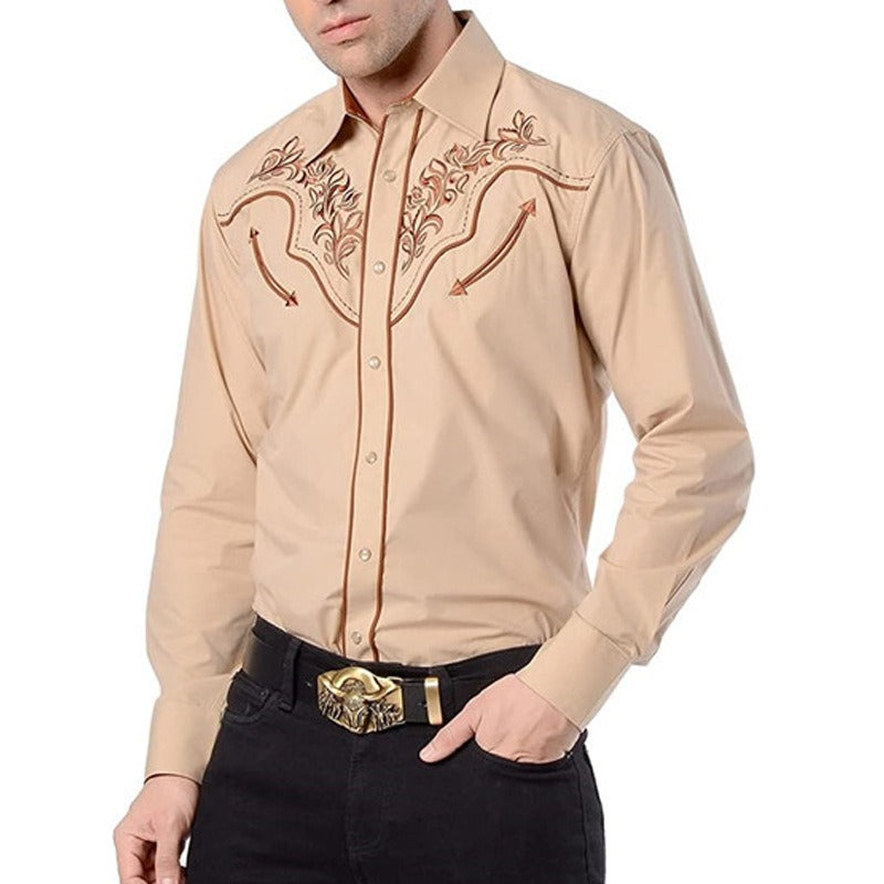 New Men's Fashion Embroidered Shirt Western American Style Pattern Embroidered Loose Sleeve Shirt
