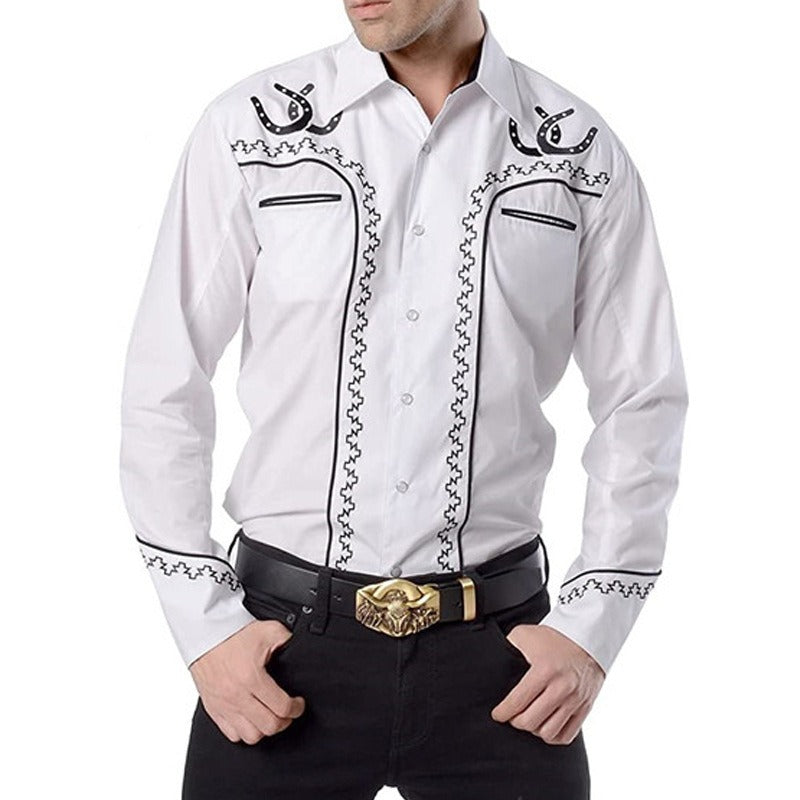 New Men's Fashion Embroidered Shirt Western American Style Pattern Embroidered Loose Sleeve Shirt