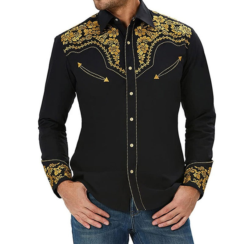 New Men's Fashion Embroidered Shirt Western American Style Pattern Embroidered Loose Sleeve Shirt