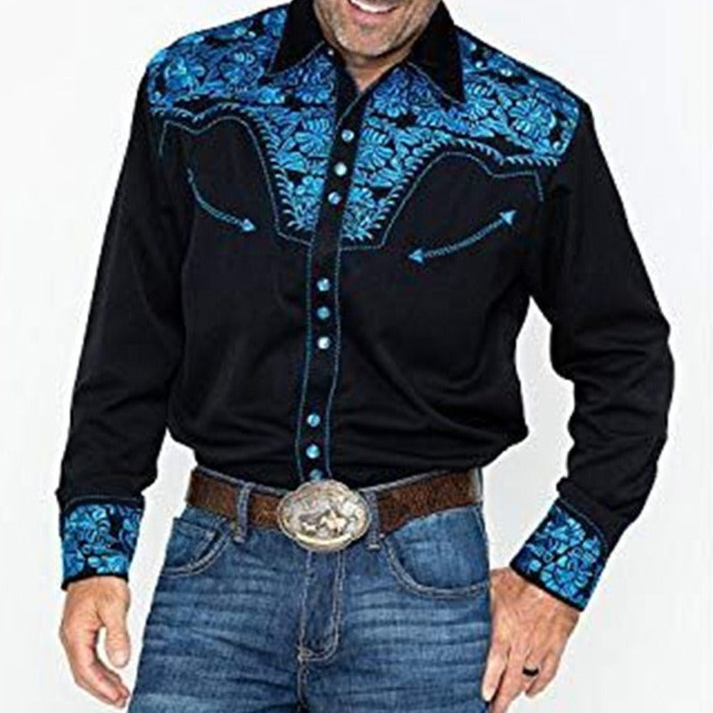 New Men's Fashion Embroidered Shirt Western American Style Pattern Embroidered Loose Sleeve Shirt