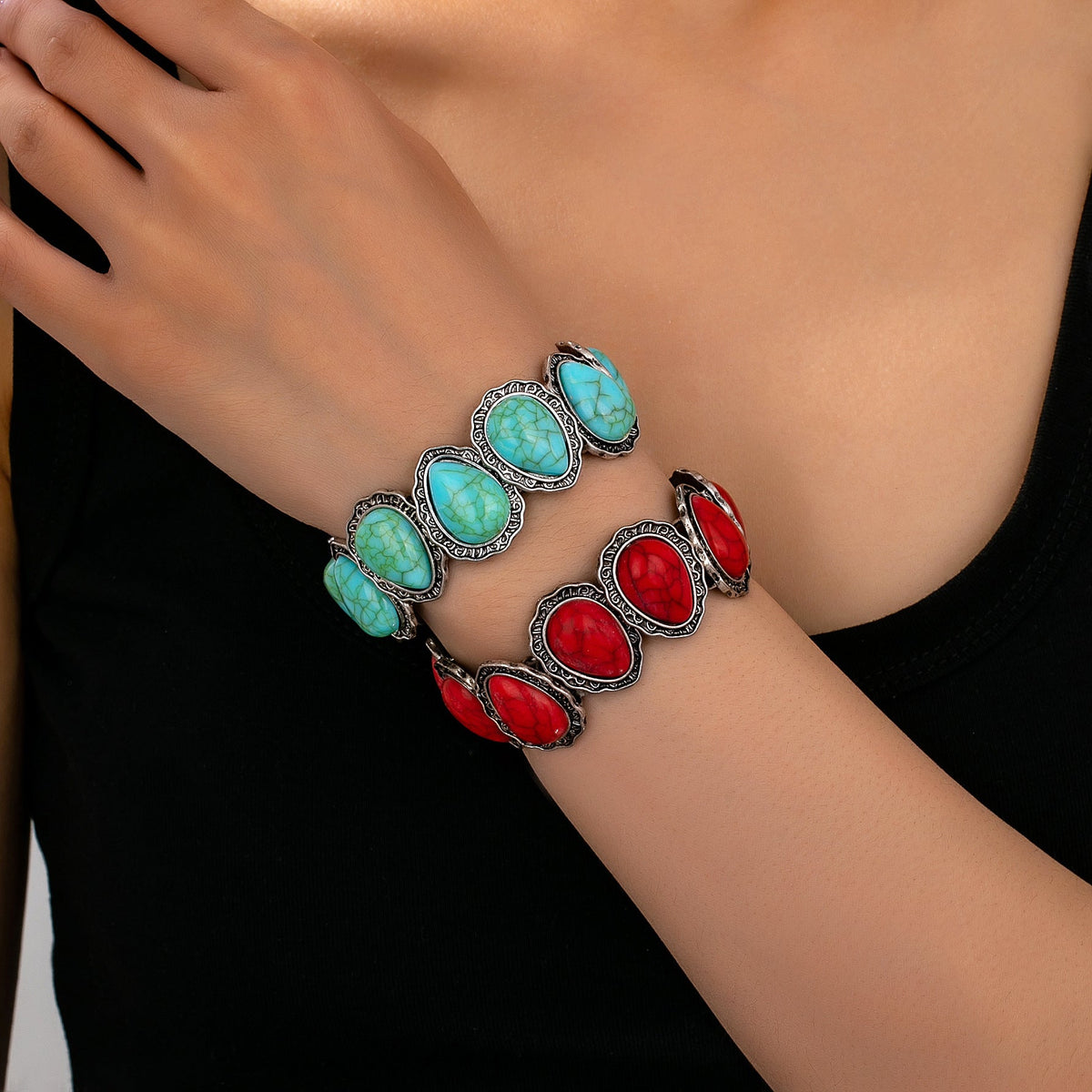 Vintage Jewelry European And American Style Teardrop Elastic Cord Heart-Pattern Turquoise