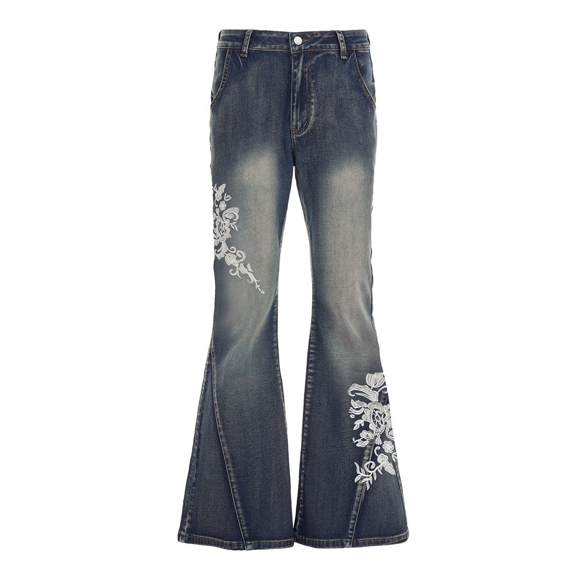Street Western Cowboy Style Floral Embroidery Low Waist Flared Pants Women's Washed Vintage Casual Long Trousers