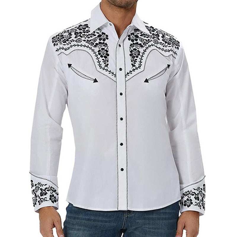 New Men's Fashion Embroidered Shirt Western American Style Pattern Embroidered Loose Sleeve Shirt