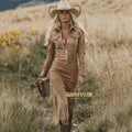 Vintage Western Cowgirl Fitted Fringed Hem Dress for Women