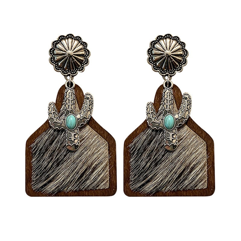 Vintage Western Earrings Bohemian Genuine Leather Cowhide Horse Hair Cow Brand Fashion Panel Earrings