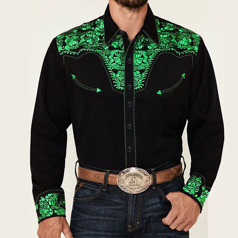 New Men's Fashionable Printed Shirt Western American Style Printed Loose Sleeved Shirt
