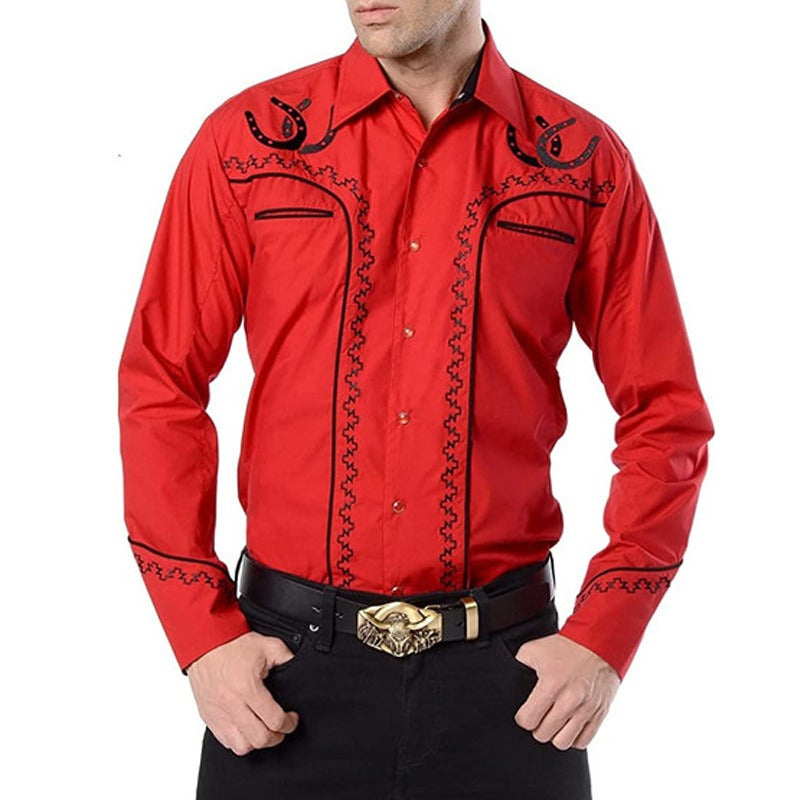 New Men's Fashion Embroidered Shirt Western American Style Pattern Embroidered Loose Sleeve Shirt