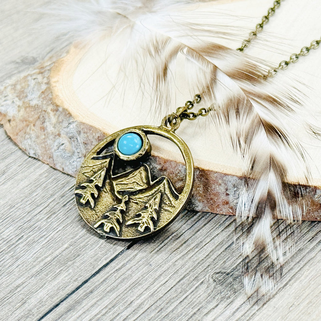 Turquoise Mountain Necklace Round Nature Inspired Boho Western Jewelry Silver Bronze
