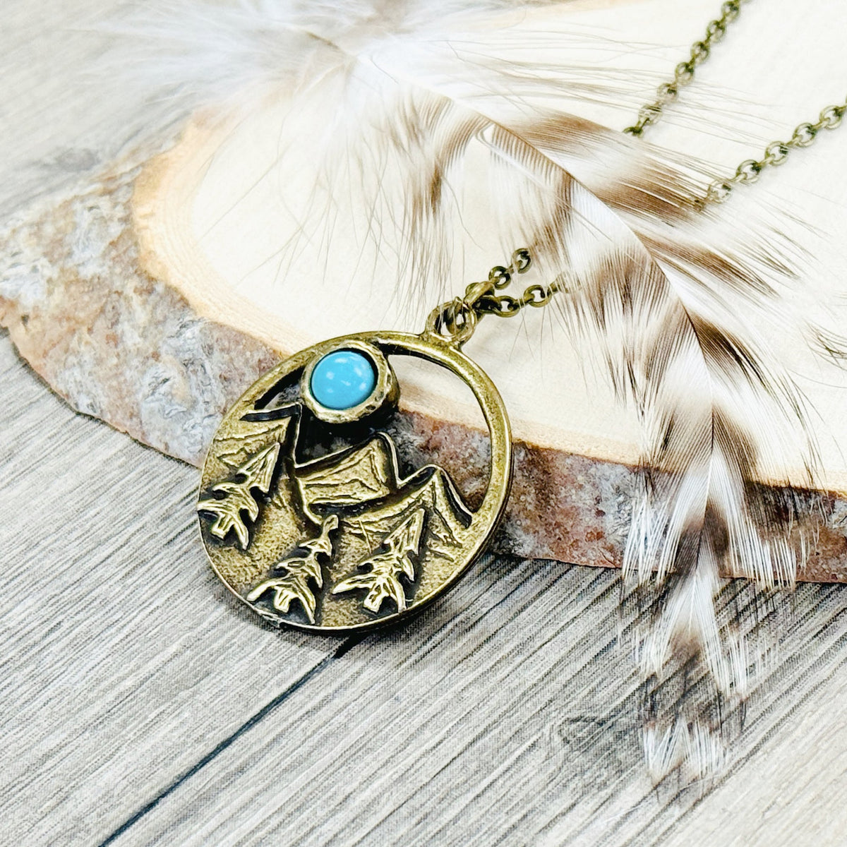 Turquoise Mountain Necklace Round Nature Inspired Boho Western Jewelry Silver Bronze