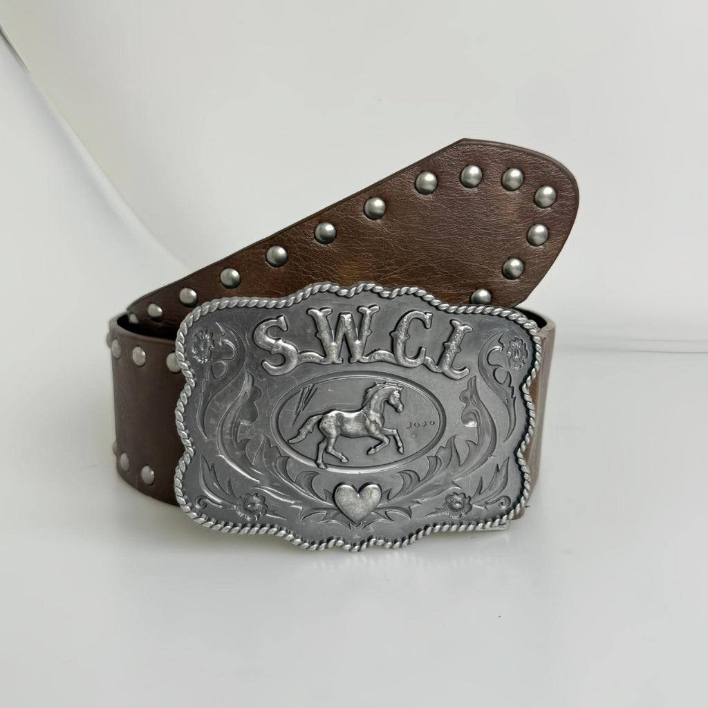 Western Style Cowboy Belt with Rivets and Vintage Buckle, Embossed Leather Belt for Jeans Fashion Pairing