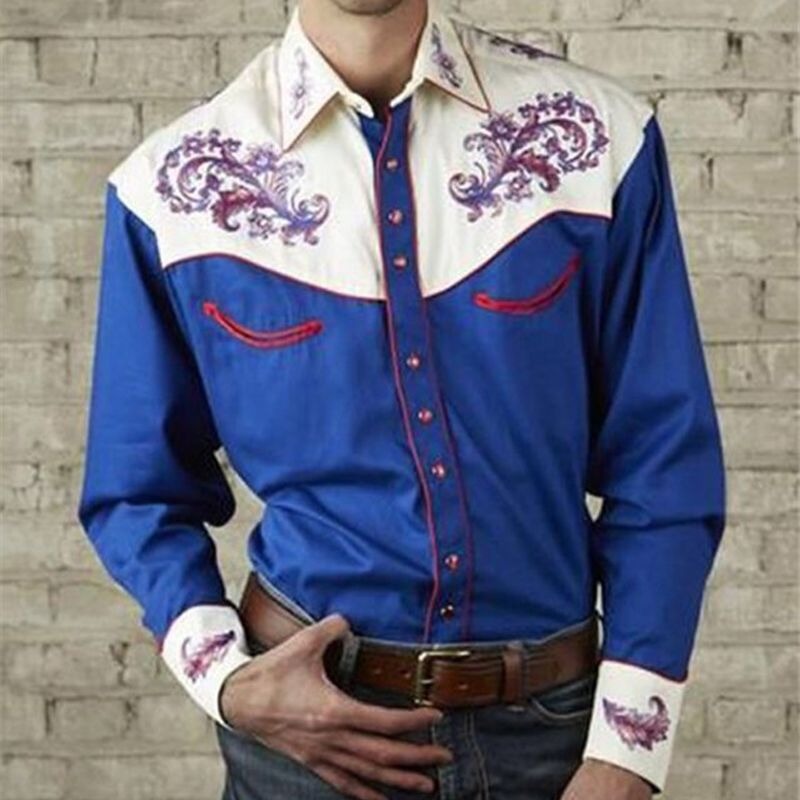 New Men's Fashion Embroidered Shirt Western American Style Pattern Embroidered Loose Sleeve Shirt