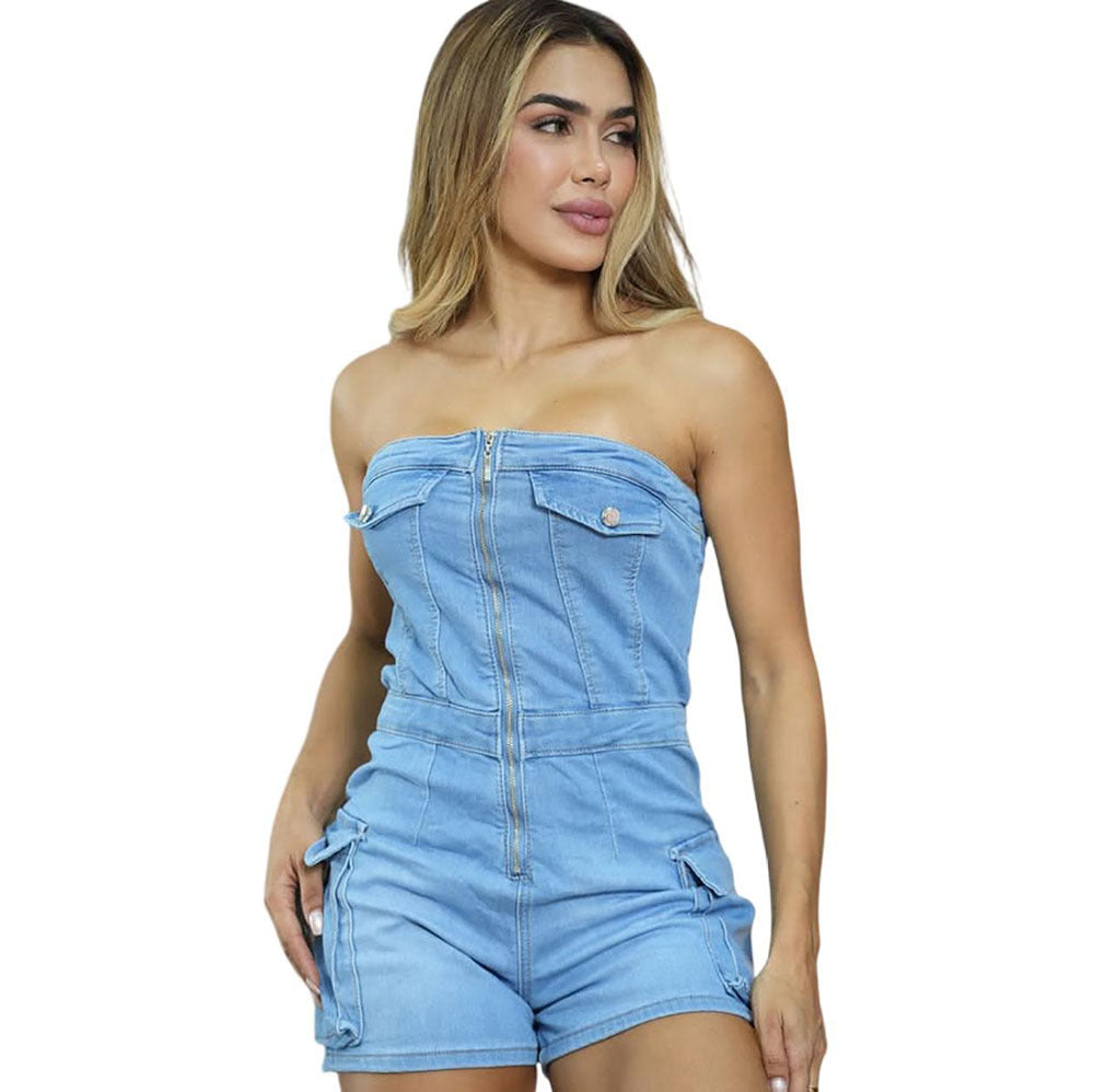 Western Women's Denim Jumpsuit Fashion Crop Top Elastic Bodycon Shorts Pants
