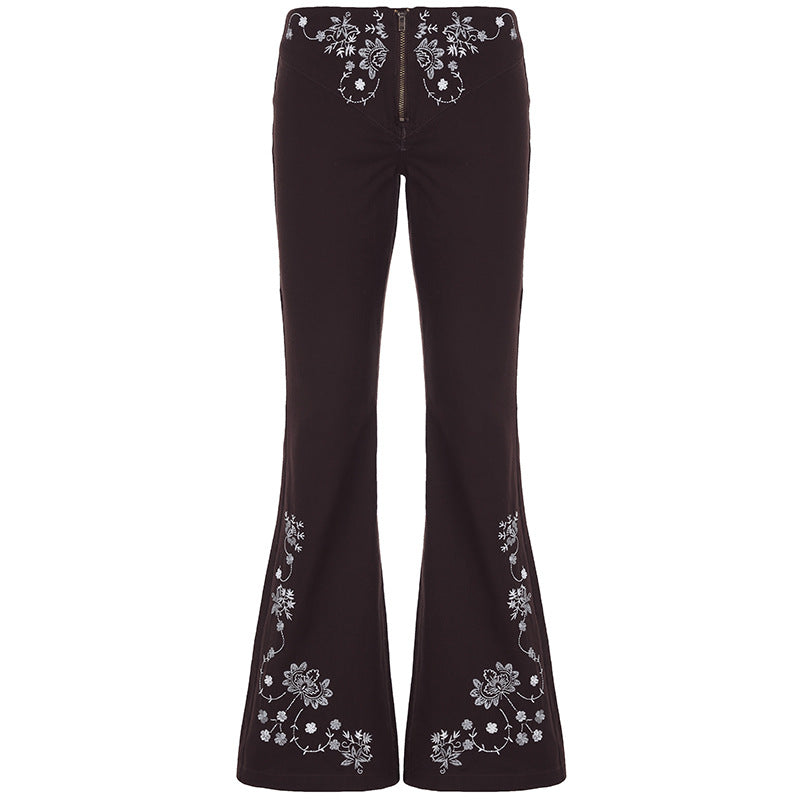 Street Western Cowboy Style Floral Embroidery Low Waist Flared Pants Women's Washed Vintage Casual Long Trousers