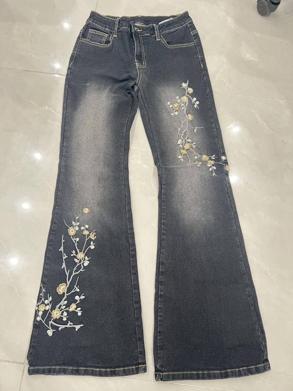 Street Western Cowboy Style Floral Embroidery Low Waist Flared Pants Women's Washed Vintage Casual Long Trousers