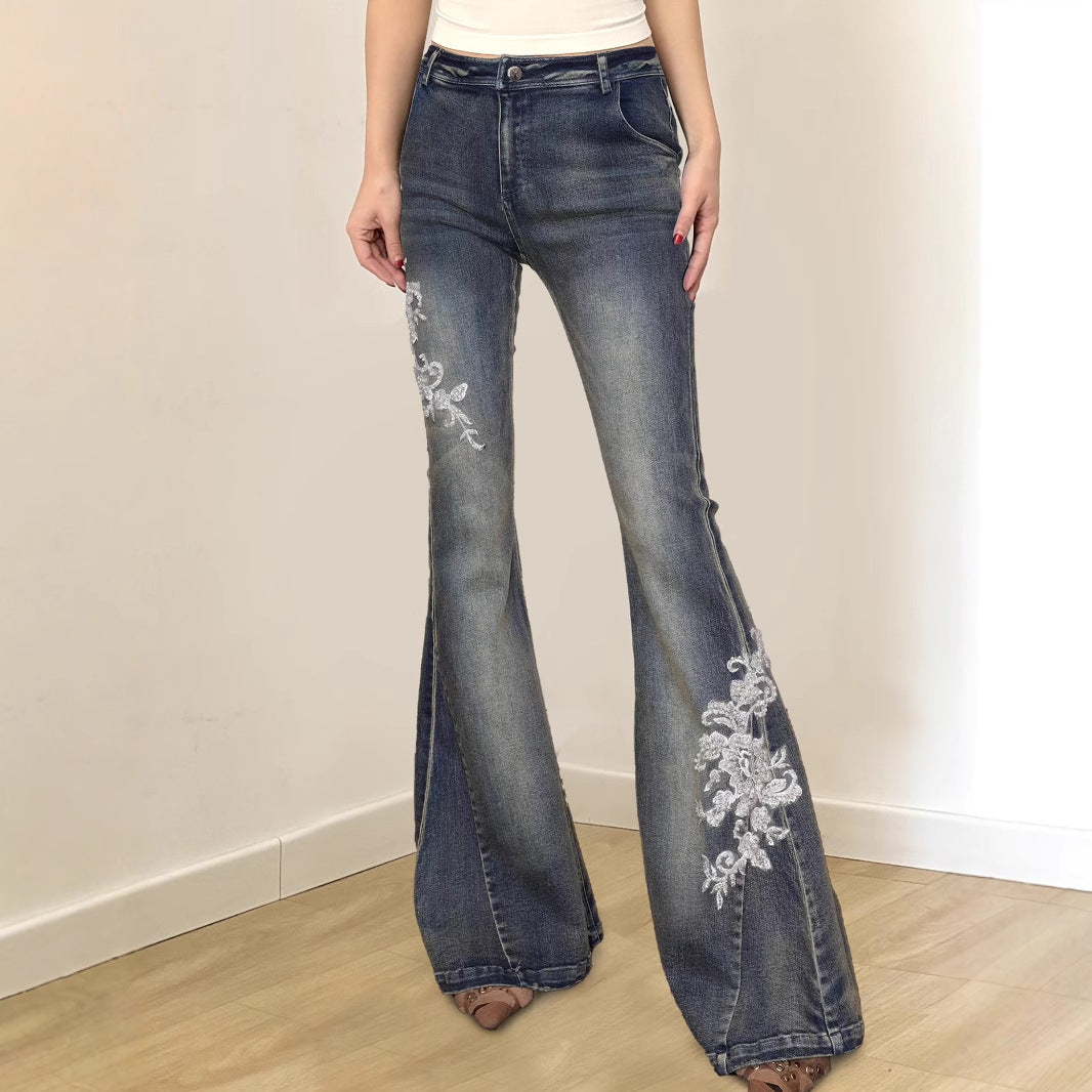 Street Western Cowboy Style Floral Embroidery Low Waist Flared Pants Women's Washed Vintage Casual Long Trousers