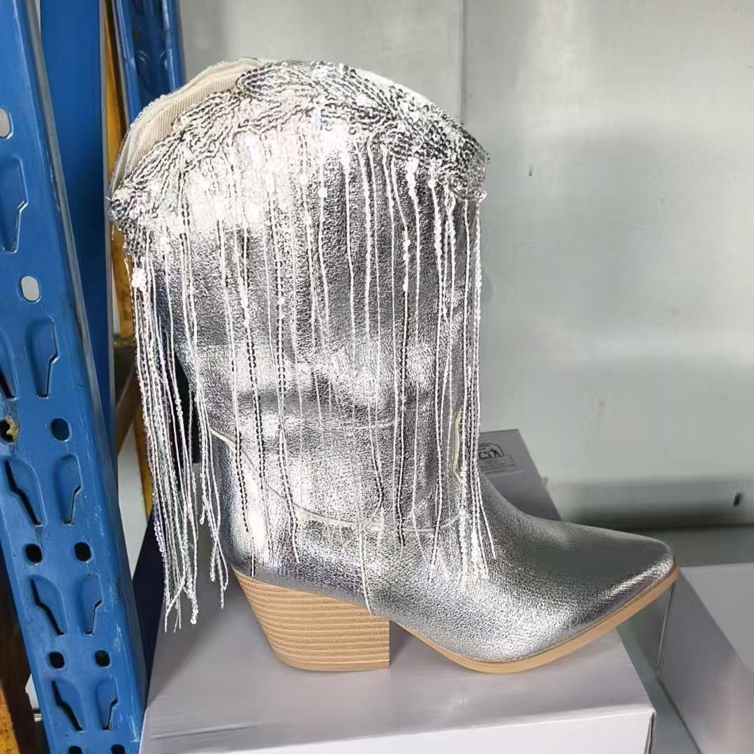 Women's Fringe Fashion Boots with Tassels, Sexy Retro Western Long Boots in Large Sizes