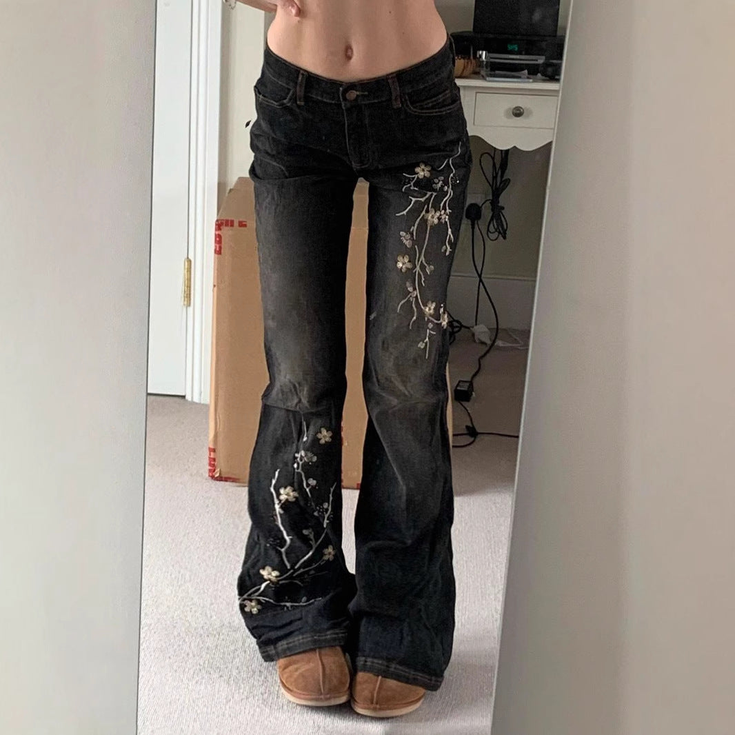 Street Western Cowboy Style Floral Embroidery Low Waist Flared Pants Women's Washed Vintage Casual Long Trousers
