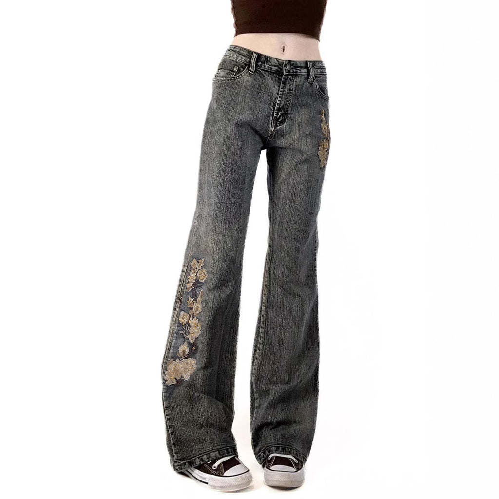 Street Western Cowboy Style Floral Embroidery Low Waist Flared Pants Women's Washed Vintage Casual Long Trousers