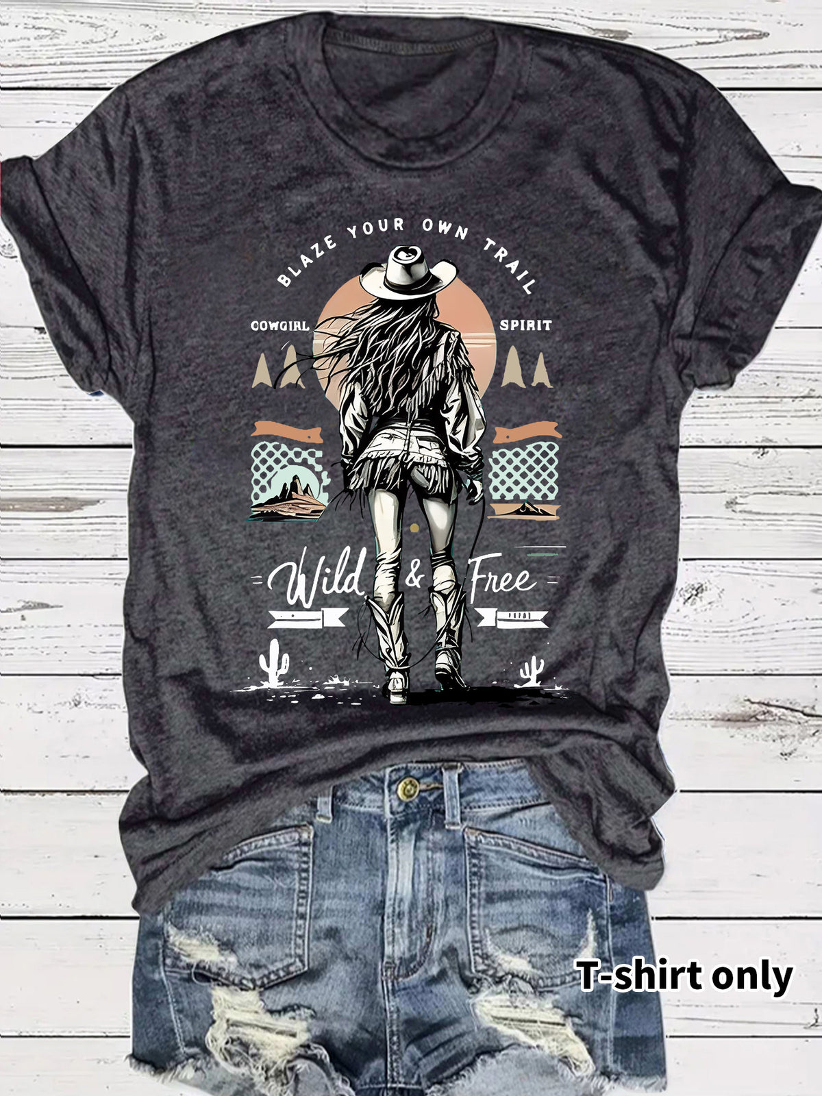 Western denim printed t-shirt short sleeved