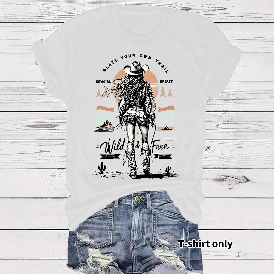 Western denim printed t-shirt short sleeved