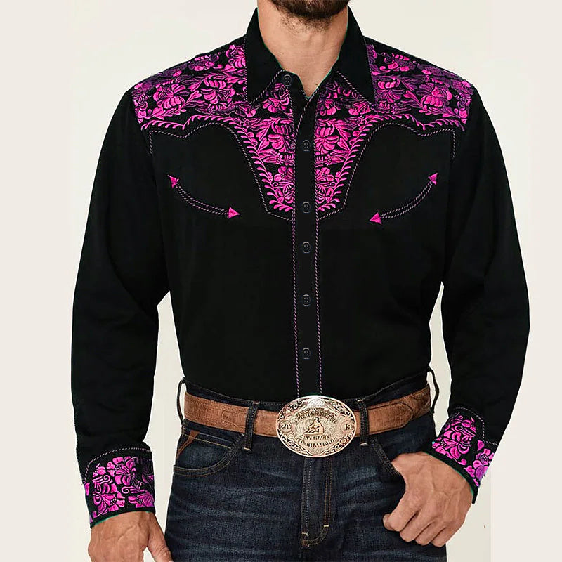 New Men's Fashionable Printed Shirt Western American Style Printed Loose Sleeved Shirt