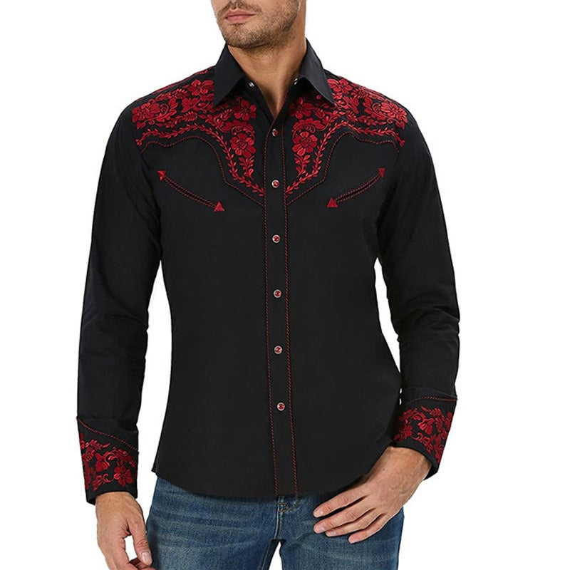 New Men's Fashion Embroidered Shirt Western American Style Pattern Embroidered Loose Sleeve Shirt
