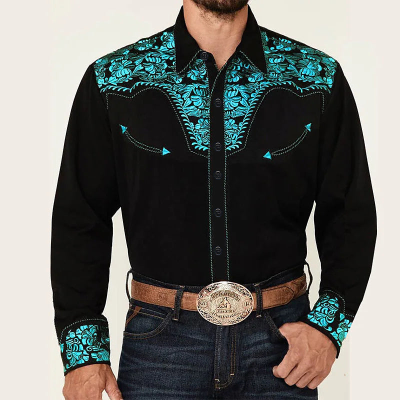 New Men's Fashionable Printed Shirt Western American Style Printed Loose Sleeved Shirt