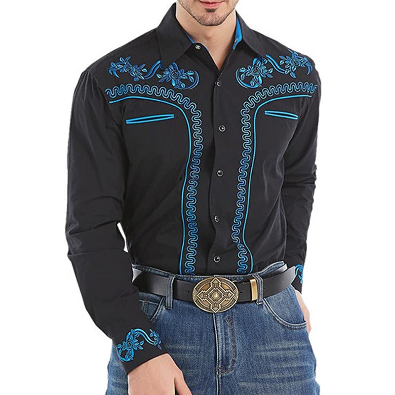 New Men's Fashion Embroidered Shirt Western American Style Pattern Embroidered Loose Sleeve Shirt