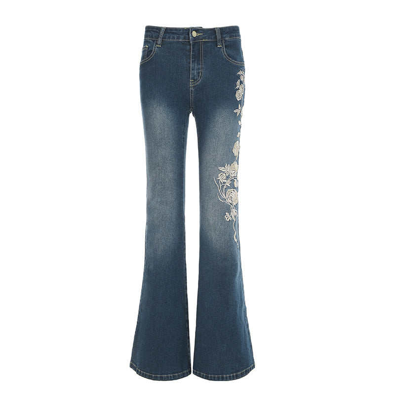 Street Western Cowboy Style Floral Embroidery Low Waist Flared Pants Women's Washed Vintage Casual Long Trousers