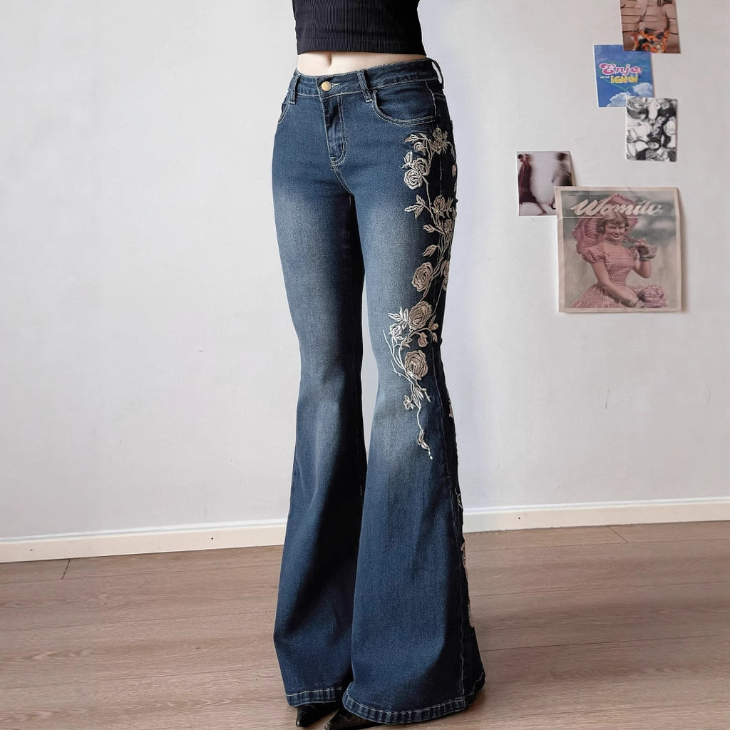 Street Western Cowboy Style Floral Embroidery Low Waist Flared Pants Women's Washed Vintage Casual Long Trousers