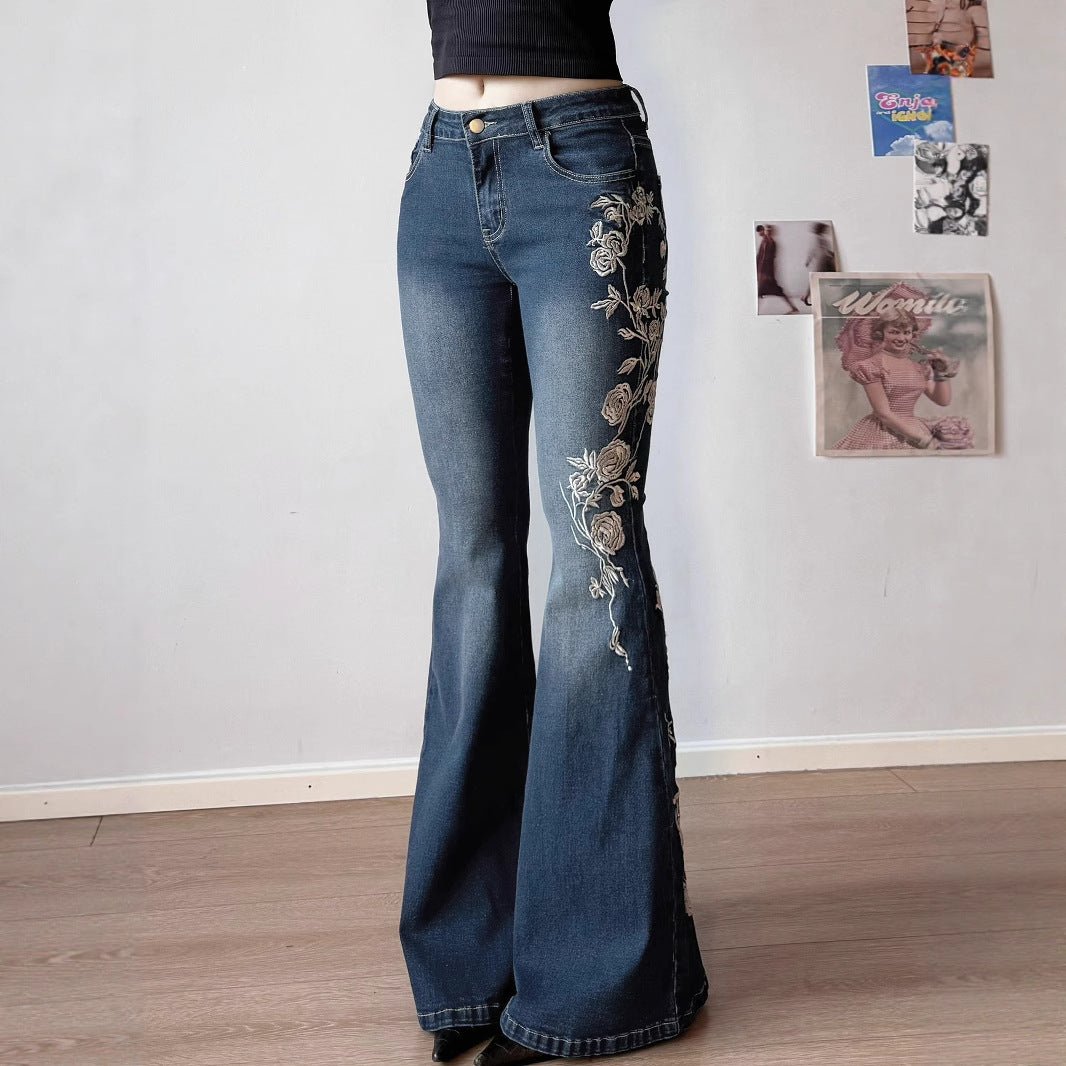 Street Western Cowboy Style Floral Embroidery Low Waist Flared Pants Women's Washed Vintage Casual Long Trousers
