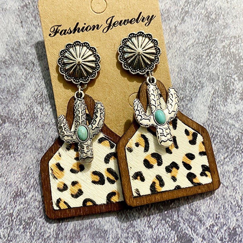 Vintage Western Earrings Bohemian Genuine Leather Cowhide Horse Hair Cow Brand Fashion Panel Earrings