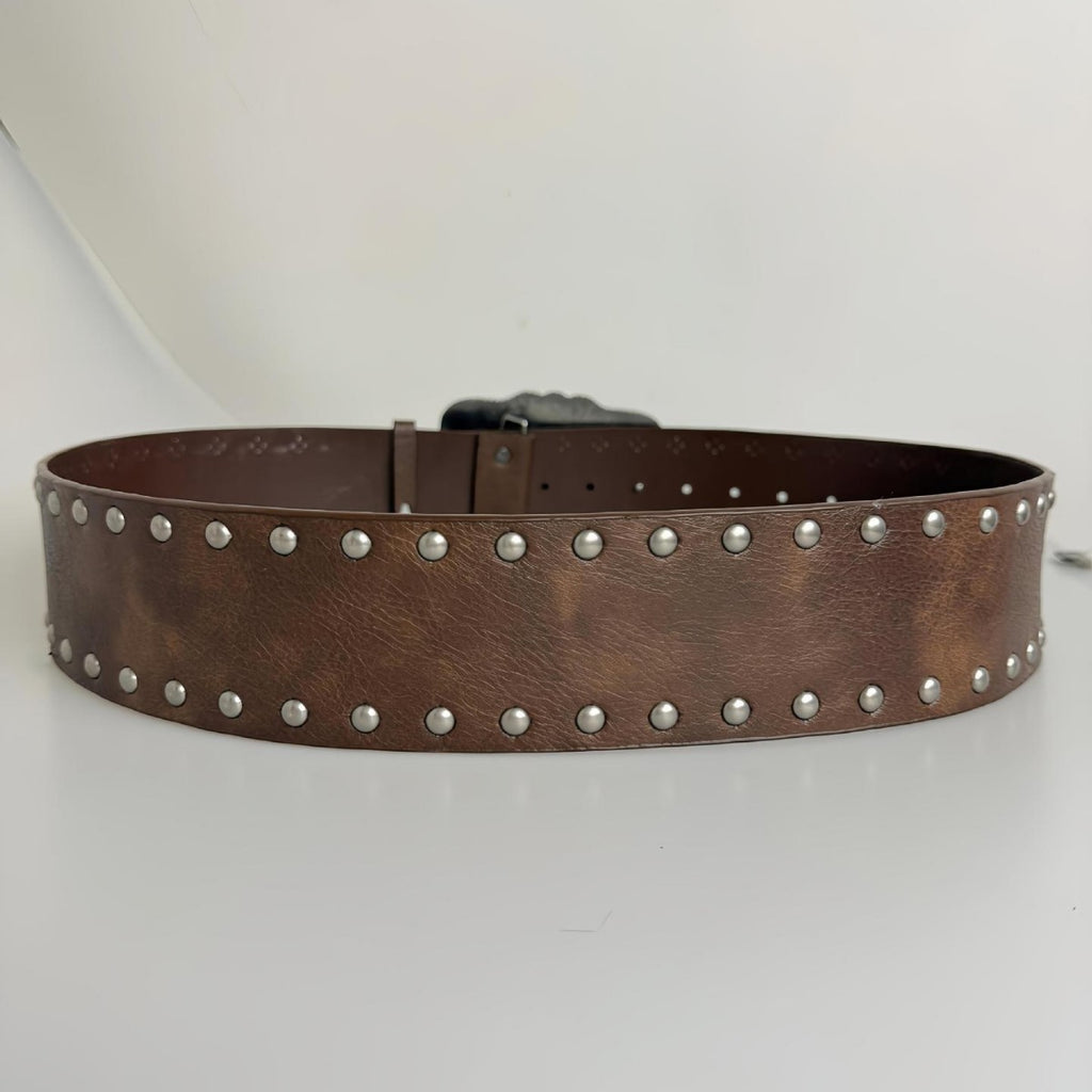 Western Style Cowboy Belt with Rivets and Vintage Buckle, Embossed Leather Belt for Jeans Fashion Pairing