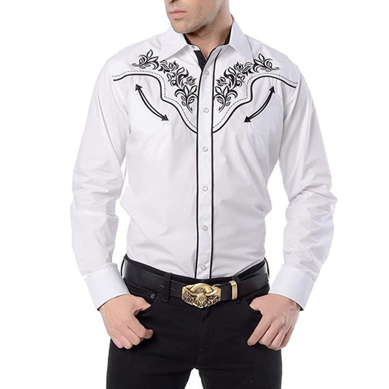 New Men's Fashion Embroidered Shirt Western American Style Pattern Embroidered Loose Sleeve Shirt