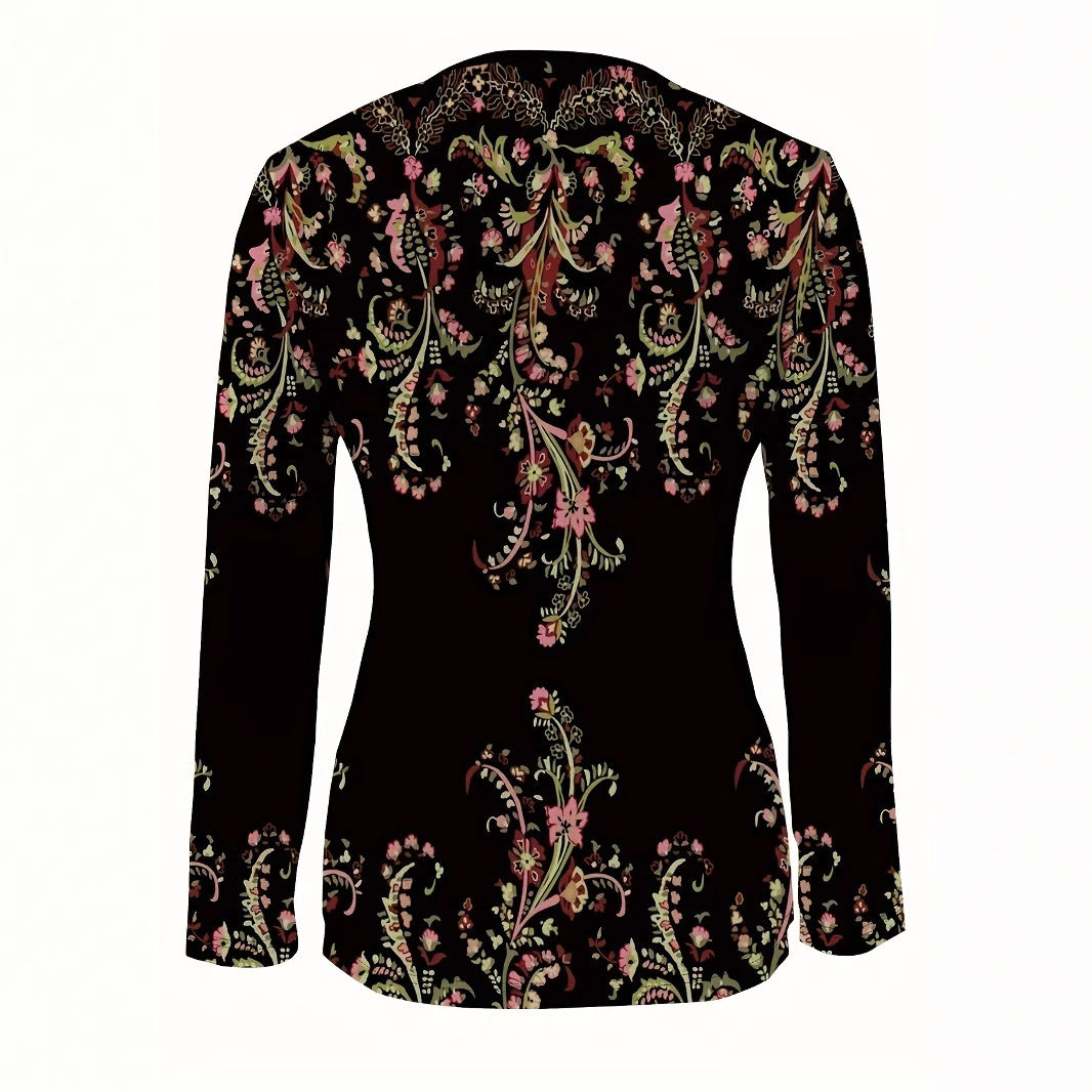 Western Women's Long Sleeve Floral Print Shirt, Half-Open Collar Casual Elegant Top