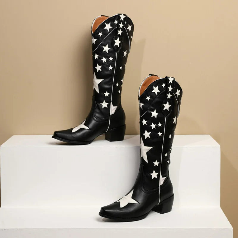 Western Cowboy Boots Women's Medium Block Heels Slip-on Cowgirl Long Boots Woman Autumn Winter Shoes