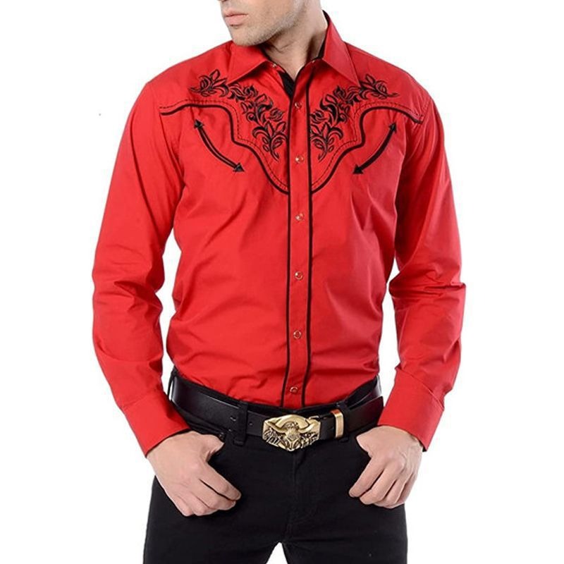 New Men's Fashion Embroidered Shirt Western American Style Pattern Embroidered Loose Sleeve Shirt