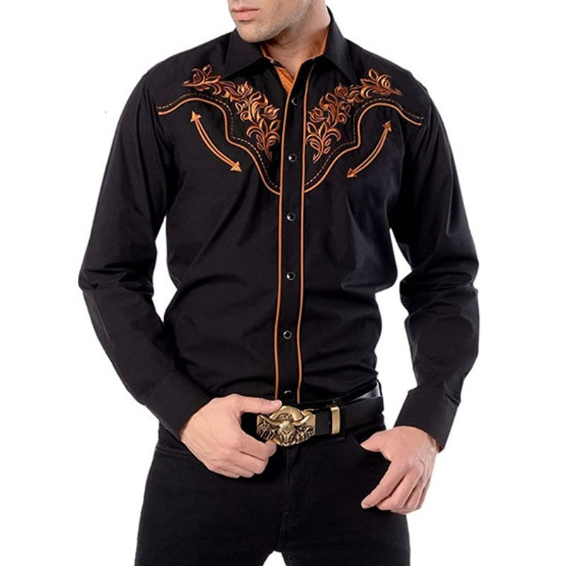 New Men's Fashion Embroidered Shirt Western American Style Pattern Embroidered Loose Sleeve Shirt