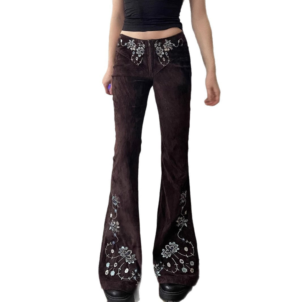Street Western Cowboy Style Floral Embroidery Low Waist Flared Pants Women's Washed Vintage Casual Long Trousers