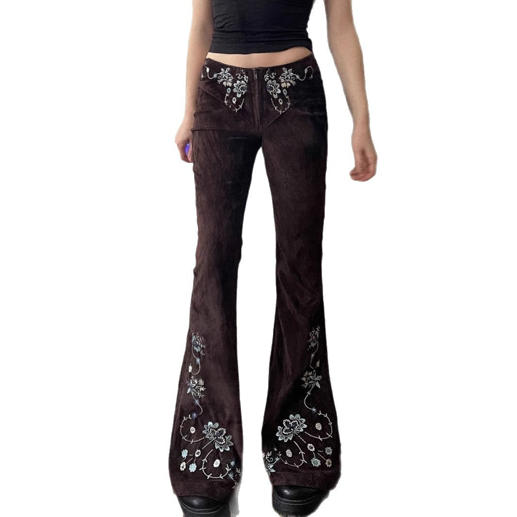 Street Western Cowboy Style Floral Embroidery Low Waist Flared Pants Women's Washed Vintage Casual Long Trousers