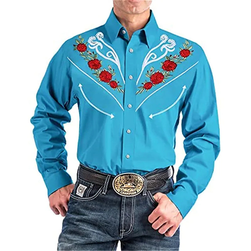 New Men's Fashionable Printed Shirt Western American Style Printed Loose Sleeved Shirt