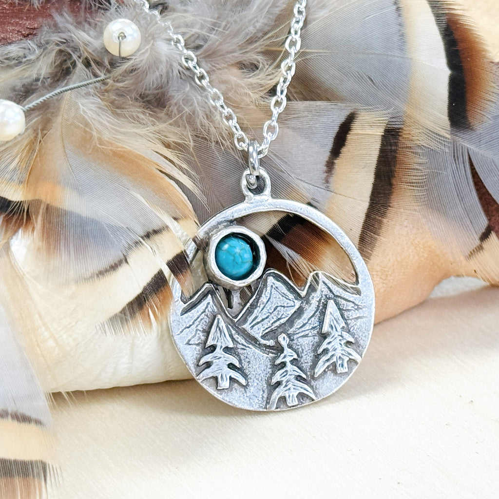 Turquoise Mountain Necklace Round Nature Inspired Boho Western Jewelry Silver Bronze